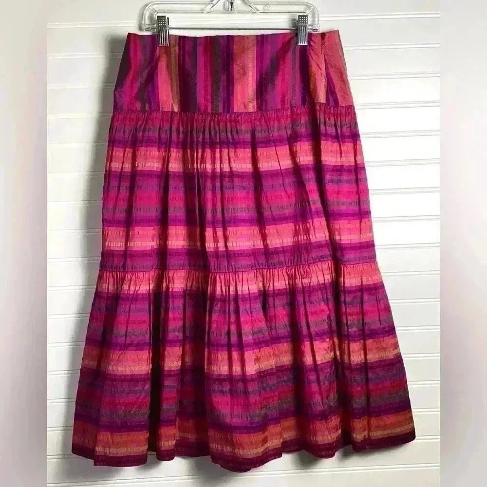 Ralph Lauren Skirt 4 RL Black Label/Midi Skirt/Pink & Purple Striped Silk/Tiered